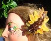 Yellow Hair Clip..Saffron Golden Yellow and Brown Fascinator   Earthy Leaves In Rust Brown Sequins and Mustard and Loden Fabrics