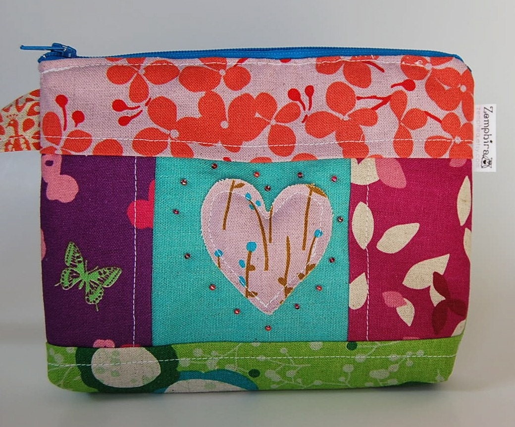 Patchwork Fiber Art Zipper Purse - Spring Bloom Very Colorful -SALE