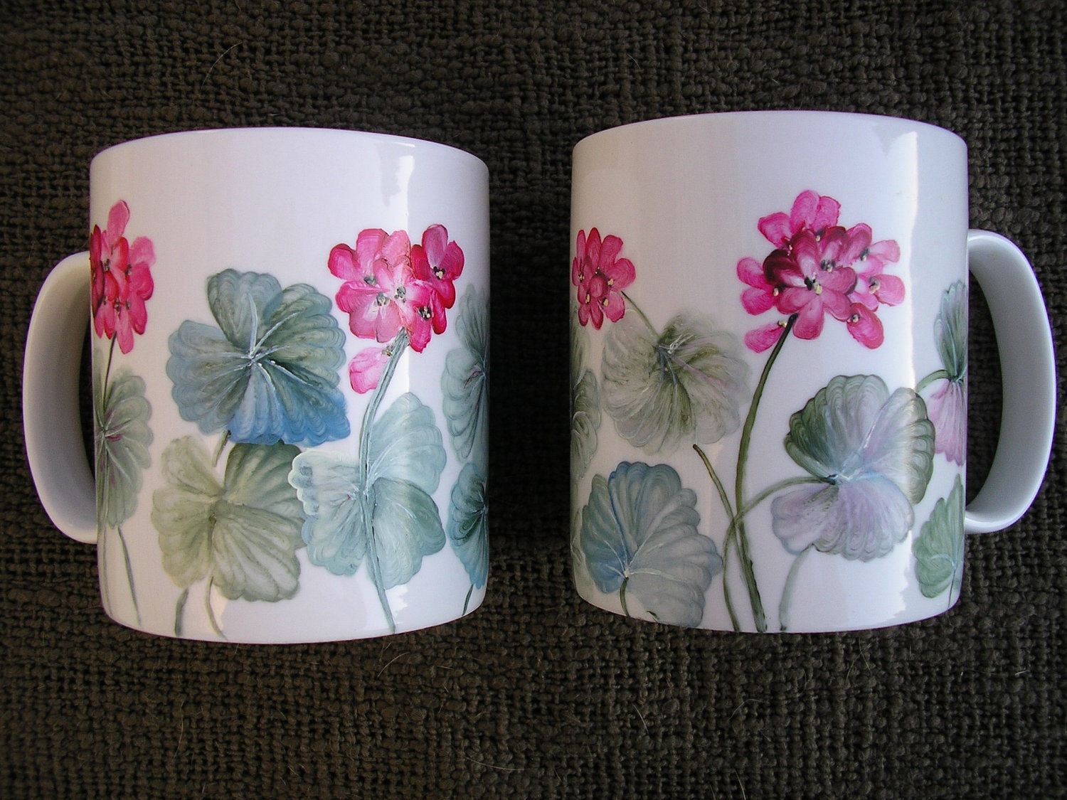 Geranium Coffee Cups Hand Painted Geraniums Set of 2