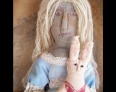 Primitive Alice in Wonderland Black Folk Art Doll w/ White Rabbit OFG