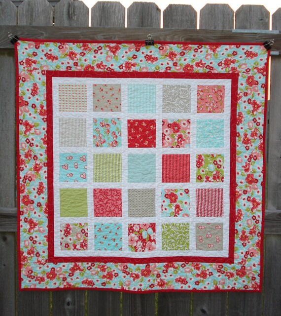 Baby Girl Quilt made with Moda Fabric Ruby Floral Vintage Modern