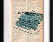 blue vintage typewriter print - typewriter art print - recycled typewriter dictionary print - upcycled book page print - 8x10 art print