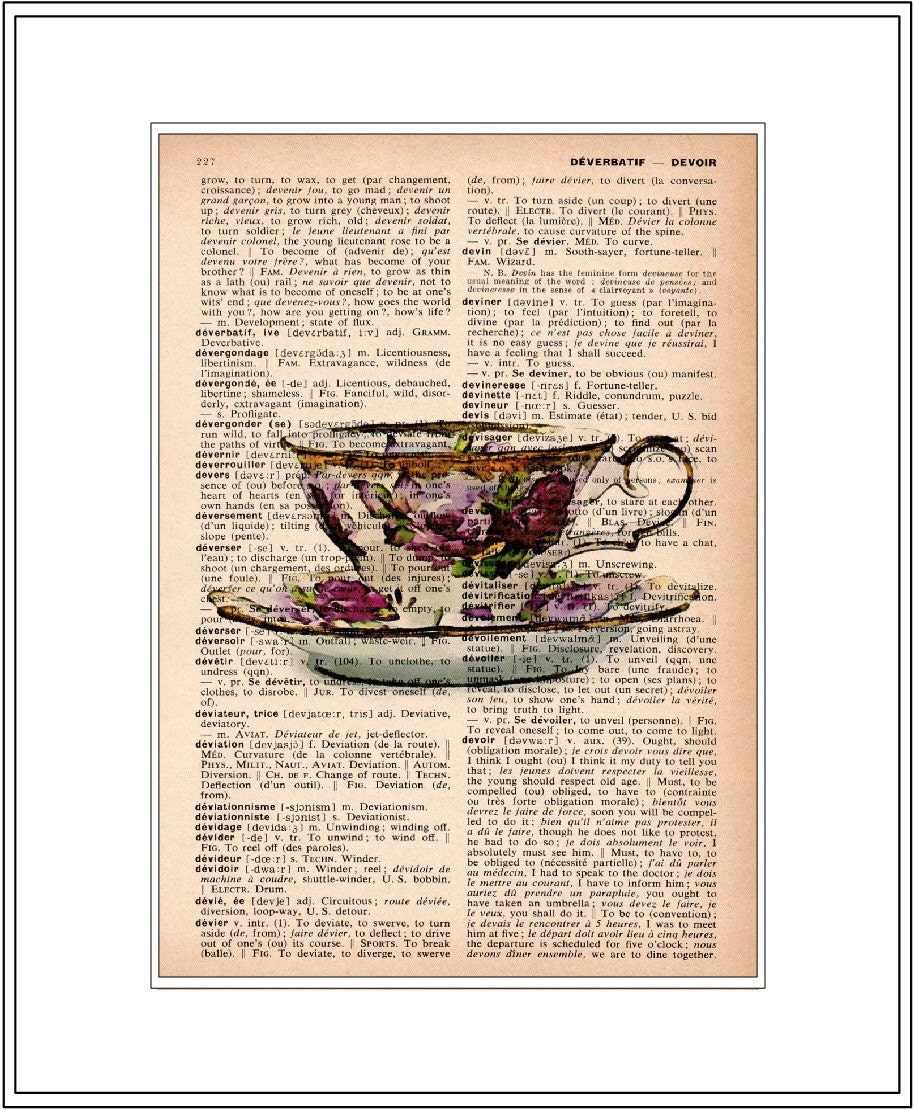 art print - vintage teacup - vintage dictionary print - vintage book page print - unique art print - 8x10