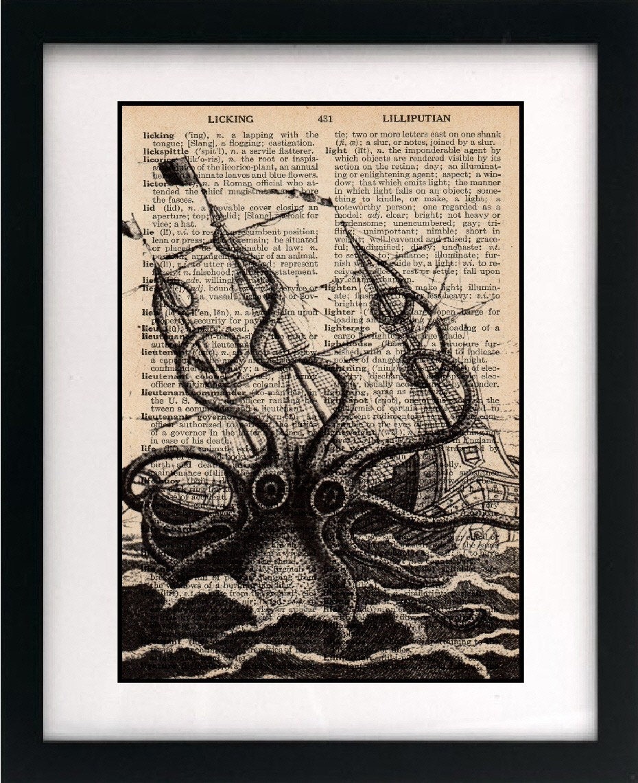 recycled vintage DICTIONARY art print - octopus attacking ship illustration - 8x10