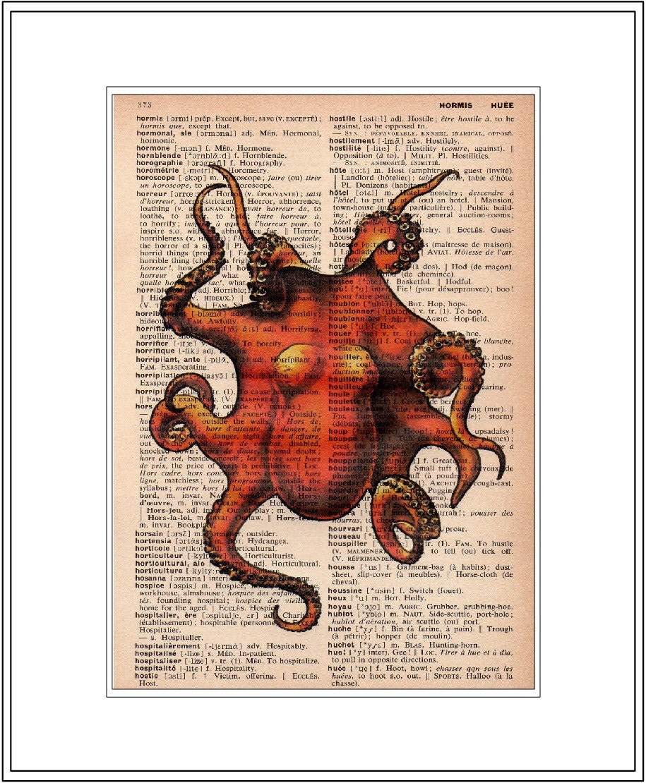 octopus print - octopus art print - vintage dictionary print - octopus home decor - octopus attacking ship illustration