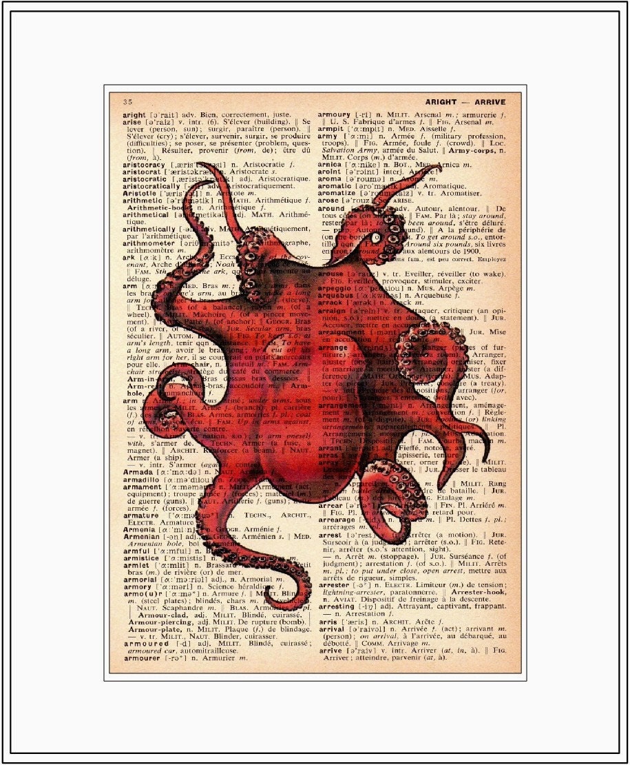 octopus print - octopus art print - vintage dictionary print - octopus home decor - octopus attacking ship illustration