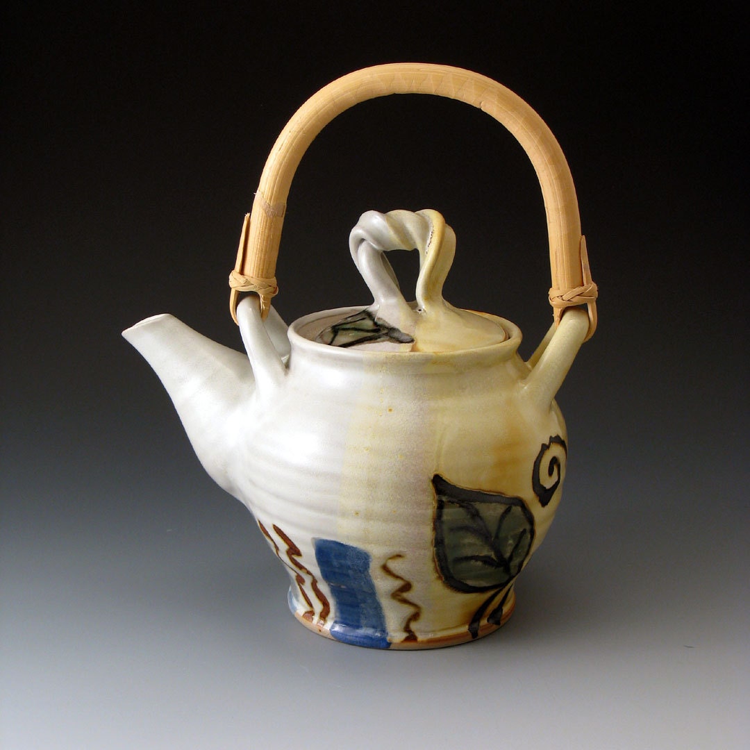 Teapot with Leaf Motif and Cane Handle - Ceramic Teapot