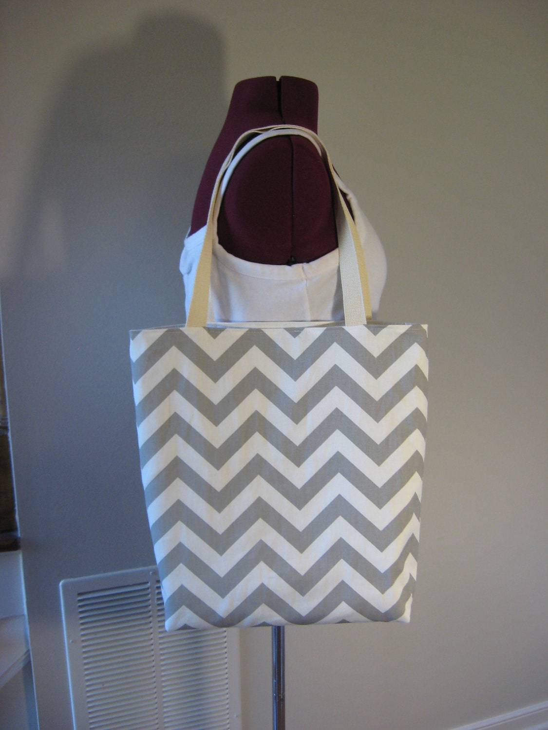 Small Beach Tote, Chevron Beach Bag, chevron tote bag gray