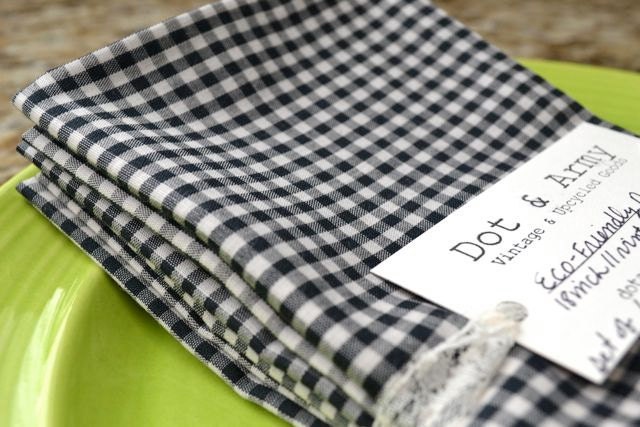 Eco Friendly Cloth Napkins, Set of 6-18 inch Black and White Gingham Check made from Vintage Fabric by Dot and Army