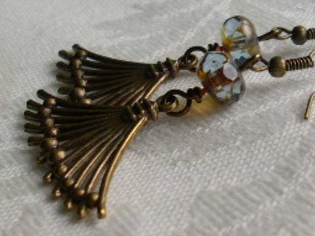 Blue Czech Glass Antiqued Brass Earrings