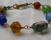Blue, Green & Topaz  RANDOM Glass Bracelet with Handmade Wire Agate Clasp