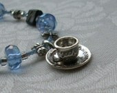 BLUEBERRY TEA Necklace Tea Cup Pendant, Blue MOP Nuggets, Butterflies- Whimsical, Mother's Day, Sale