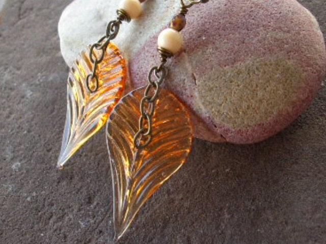 Amber Glass Leaf Earrings-  Czech Glass, Antiqued Brass Chain