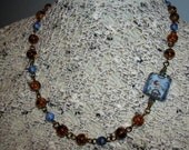 TOPAZ SKY Necklace Blue & Amber Czech Glass /Wire Wrapped