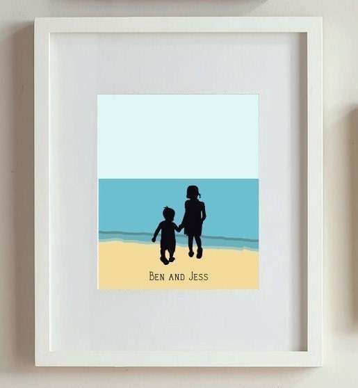Children's Silhouette Wall Art, Fun at the Beach, 8x10, Nursery Room Decor, Name print