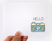 Hello Greeting Card. Yellow, Mint Camera. Blank Folded Card.
