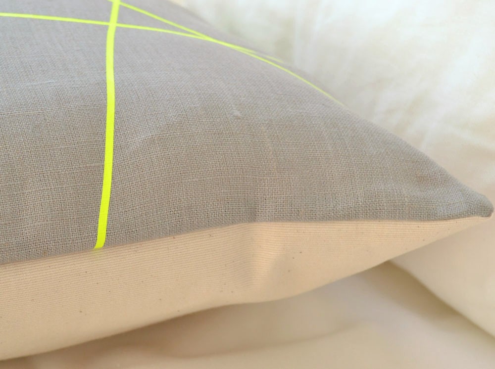 Grey linen with neon yellow stripes pillow cover, modern graphic design for your home, Mikado Series