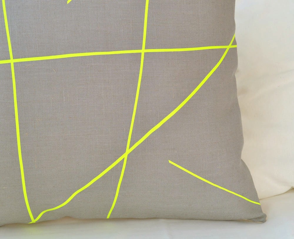 Grey linen with neon yellow stripes pillow cover, modern graphic design for your home, Mikado Series