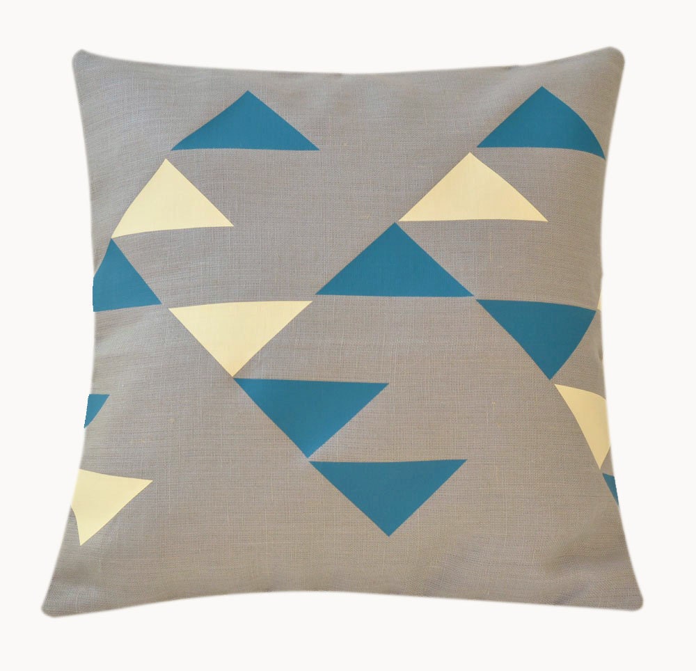 Decorative grey linen pillow cover with geometric tribal pattern