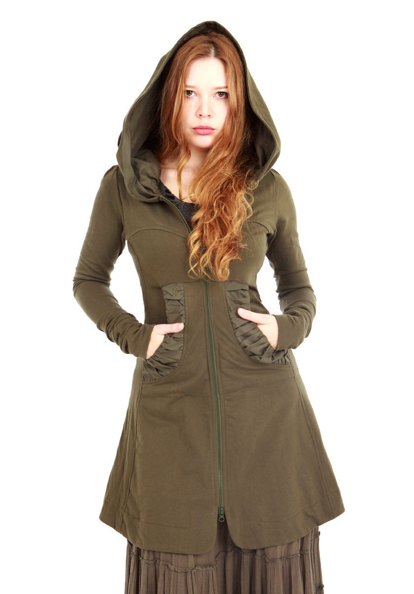 Olive green women hoodie, long classy gorgeous silhouette with a generous hood all sizes