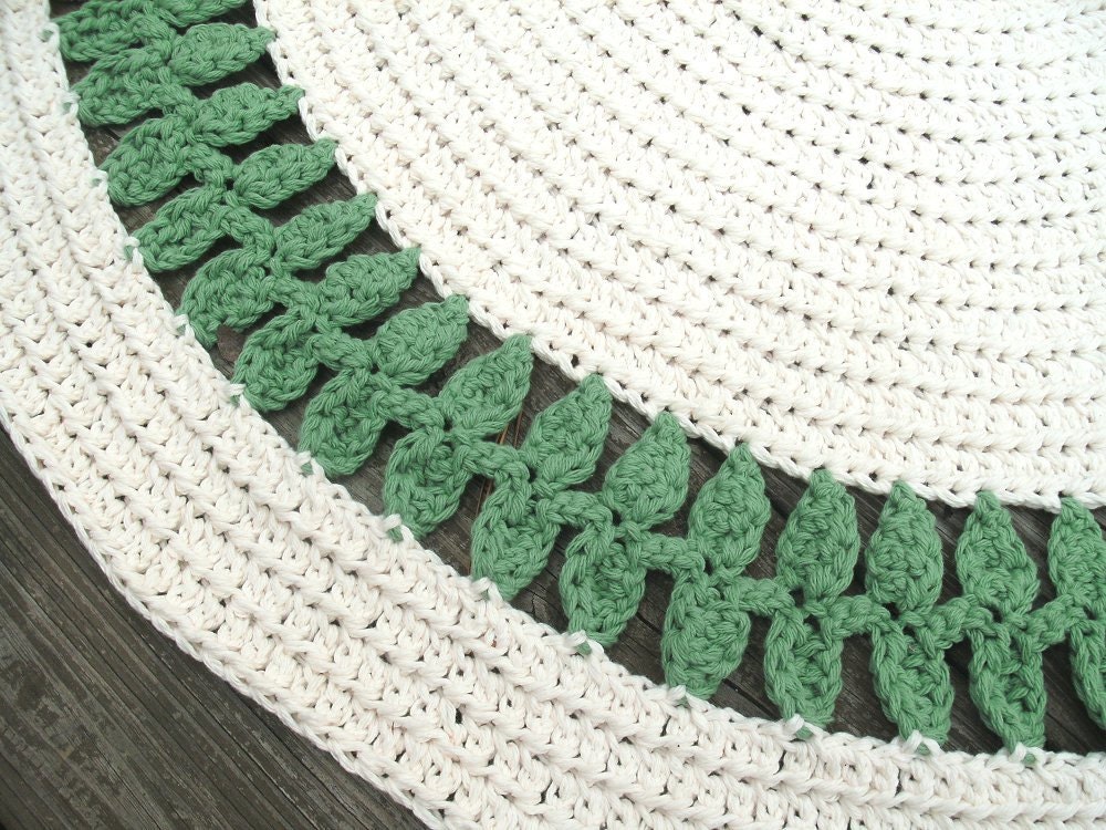 Soft Ecru Off White and Green Cotton Crochet Rug in 41" Circle Leaf Pattern Non Skid READY TO SHIP