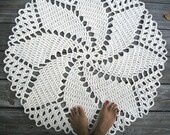 Crochet Rug in Ecru Off White Cotton 33" Spiral Pattern Non Skid