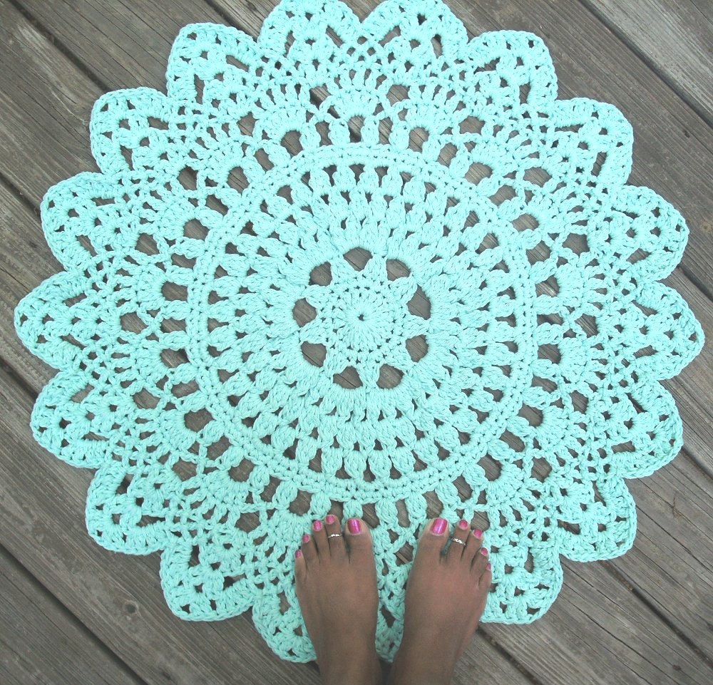 Robins Egg Blue Cotton Crochet Doily Rug in 30" Circle Lacy Pattern Non Skid
