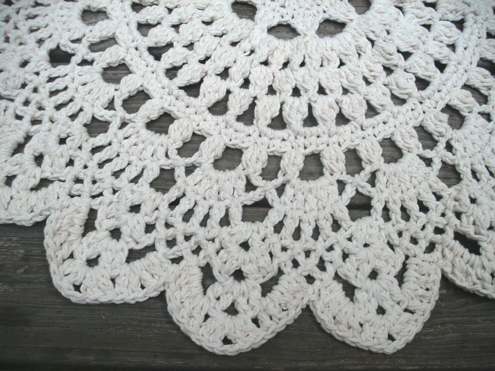 Ecru Off White Cotton Crochet Doily Rug in 30" Circle Lacy Pattern Non Skid READY TO SHIP