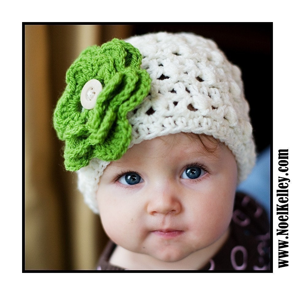 Twisted BOUQUET Beanie Cream Beanie Skull Hat Crochet with 7 Interchangable flowers- Upick Size- 5 SIZES... Great Photo Prop