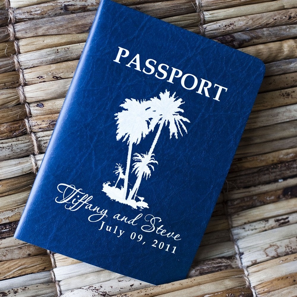 Deposit - Passport Invitation or Save the Date (Navy Faux Leather-Look Cover with White Palm Tree)