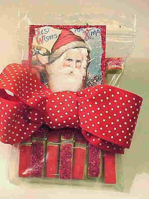 RED GLITTERED and Painted WOODEN Clothespins w/Bright Red Grograin Ribbon and Santa Hang Tag--Set of 8