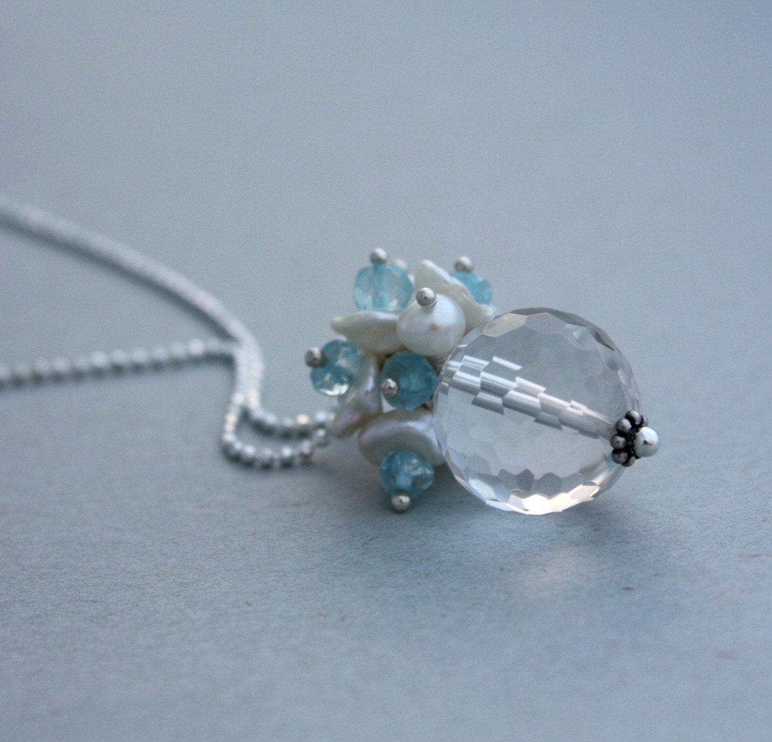 Glamour Girl Necklace - Sterling Silver Chain Necklace with Faceted Crystal, Blue Topaz and White Keshi Pearl Pendant - Limited Edition
