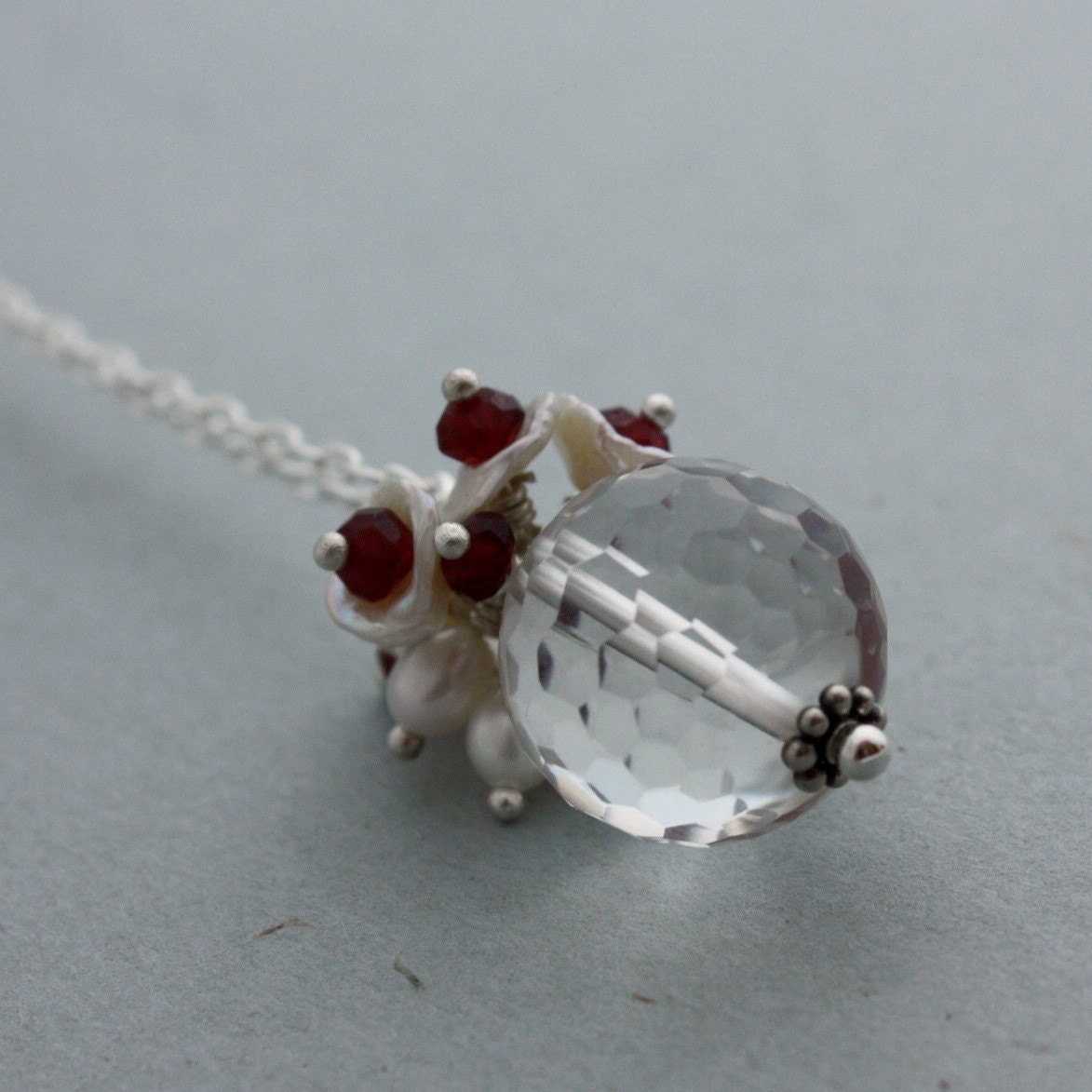 Sale - Glamour Girl Necklace - Sterling Silver Chain Necklace with Faceted Crystal, Garnet and White Keshi Pearl Pendant - Limited Edition