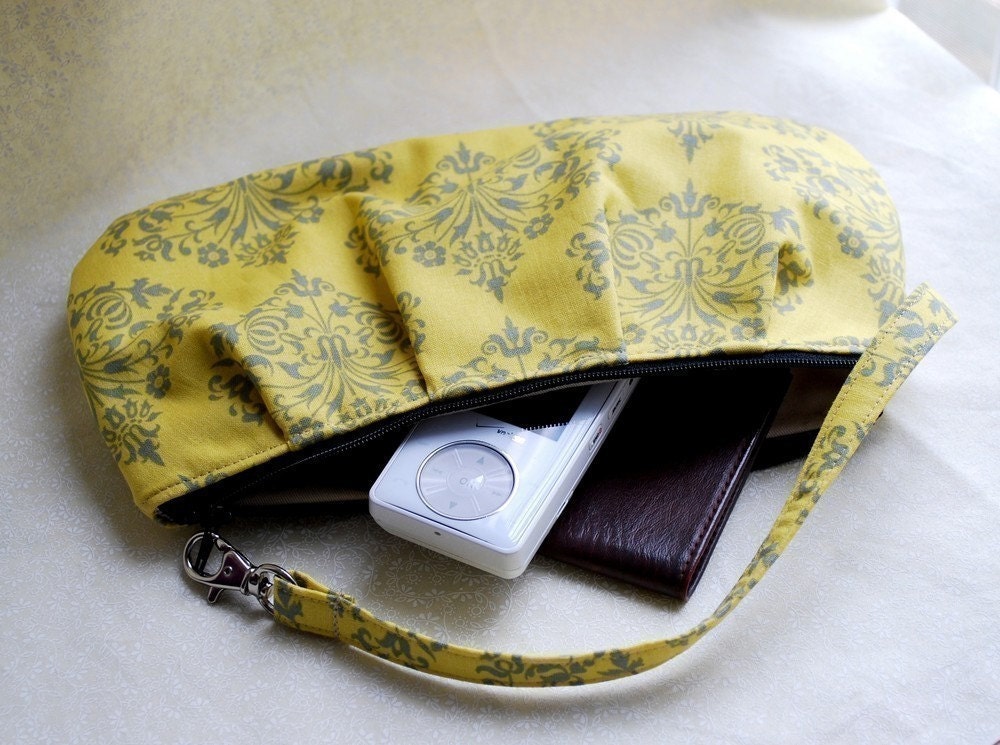 Pleated Wristlet Zipper Pouch // Clutch - Park Fountains in Mustard