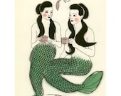 Mermaid art - Crustacean cafe  -  8.3 X 11.7 mermaids print