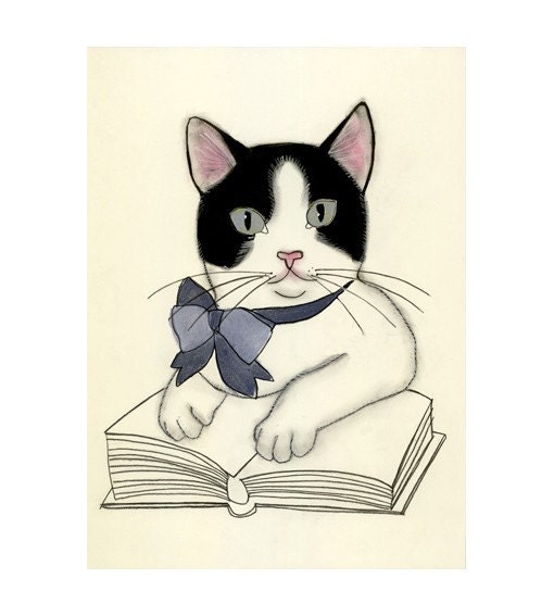 Nursery art Cat art Kitten art drawing (print) - 4 for 3 SALE The Literary Kitten - 4" X 6" print