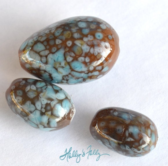 Robin Eggs Easter Glass Bead Trio focal earring pair blue on brown