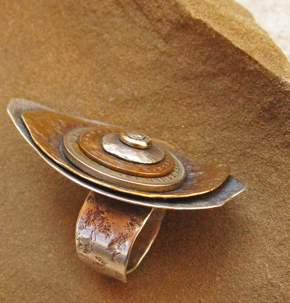 Stacked and Riveted Eye Ring with Vintage Coins, Bronze, Fine Silver