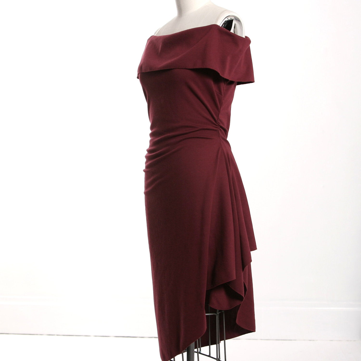 Burgundy Draped Off Shoulder Twisted Drape Dress