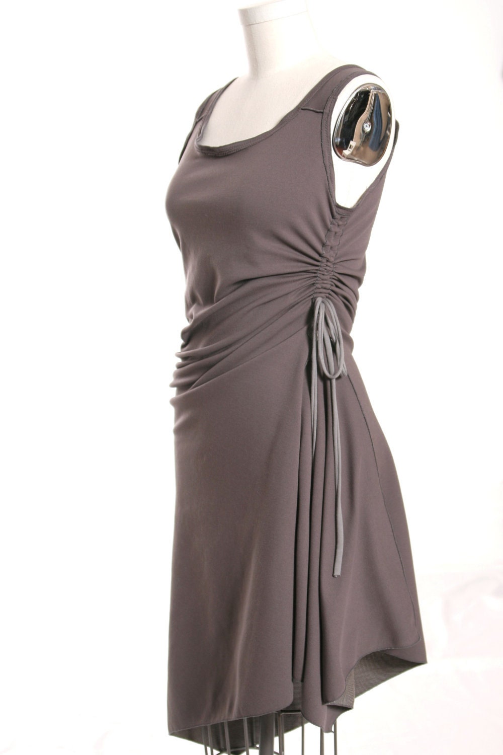 Mauve and Grey Mini Stripe Wool Knit Reversible Twist Drape Dress with Asymmetric Hem