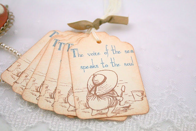 Beach Tags Ocean Gift Tags Little Girl on Shore Vintage Stamped