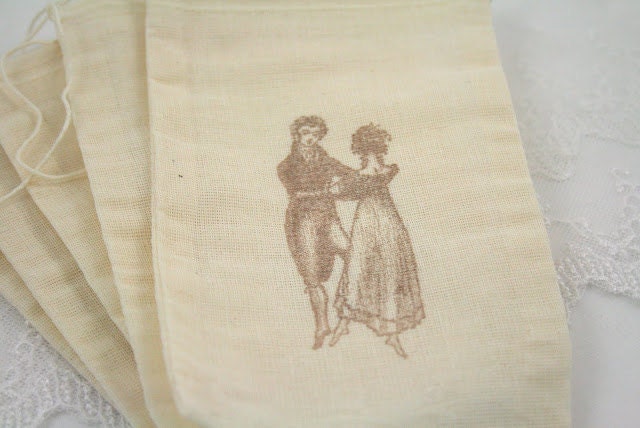 Jane Austen Muslin Favor Bags / Drawstring Gift Bags - Stamped Mr. Darcy Elizabeth Bennett - Wedding / Birthday / Baby Shower