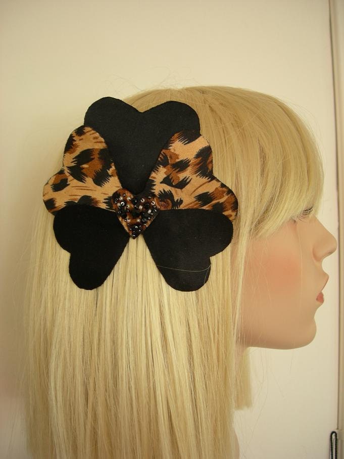 Black and Leopard Print Silk Heart Hair adornment.