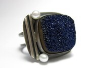 Midnight Sky - RAW 17/52 Deep Midnight Blue Fine Crystal Azurite with freshwater pearls silver ring