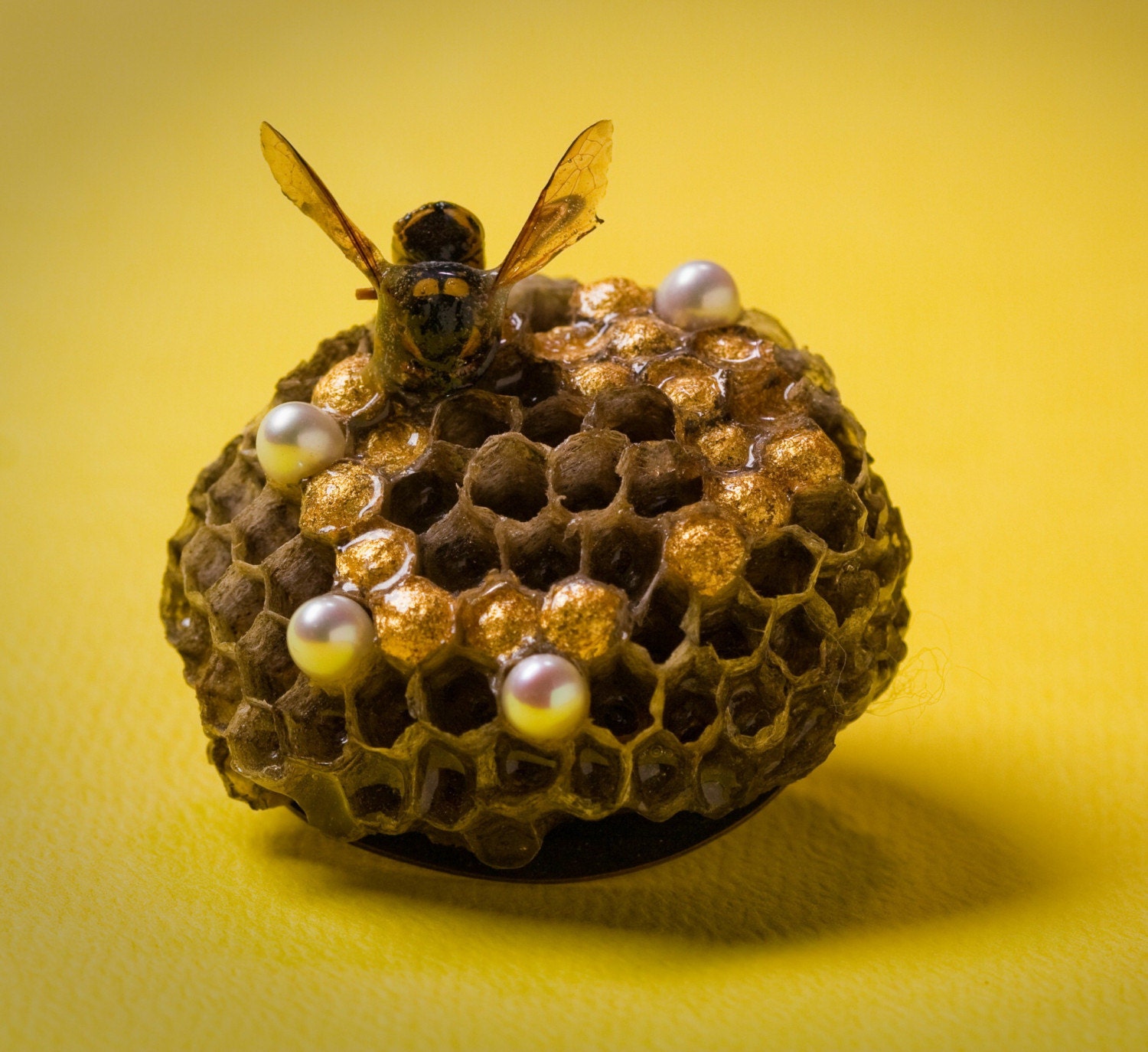The Hive - wasp nest pearls gold leaf resin real copper silver brooch