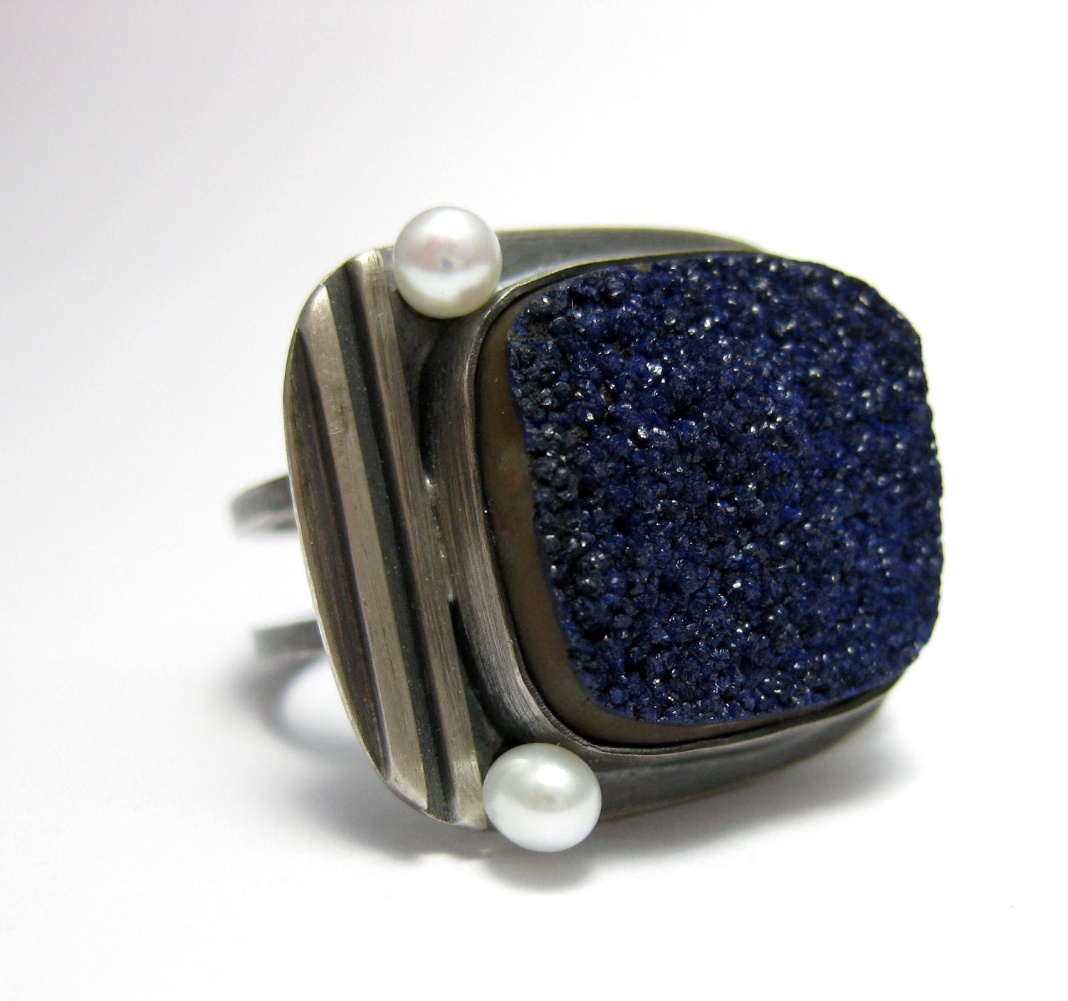 Midnight Sky - RAW 17/52 Deep Midnight Blue Fine Crystal Azurite with freshwater pearls silver ring