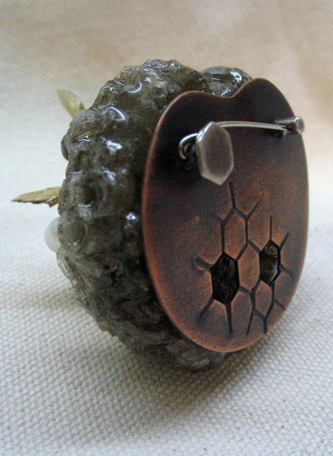 The Hive - wasp nest pearls gold leaf resin real copper silver brooch