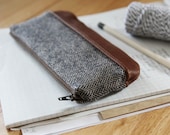 Pencil Pouch in Herringbone Wool and Leather // Zipper Case