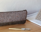 Pencil Pouch in Waxed Canvas and Wool Tweed // Zipper Case // Neutral Brown