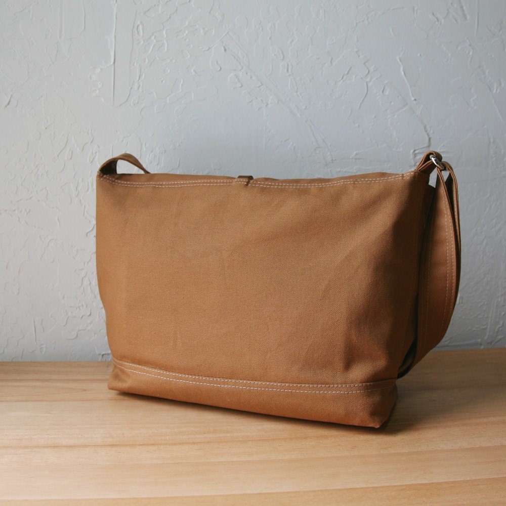 The Day Pack in Cinnamon Brown Canvas and Leather // Messenger Bag // Organic Cotton Lining